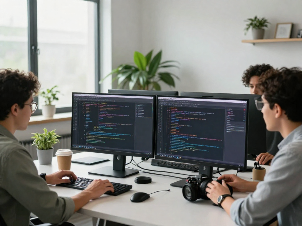 Developers crush on collaboration in an innovative digital workspace, working on coding projects with dual monitors and natural light.