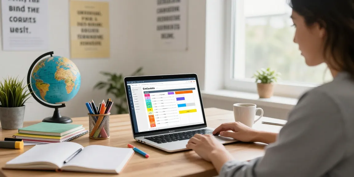 An educator using EMStudio's online teacher planner in a vibrant classroom setup, showcasing effective classroom management.