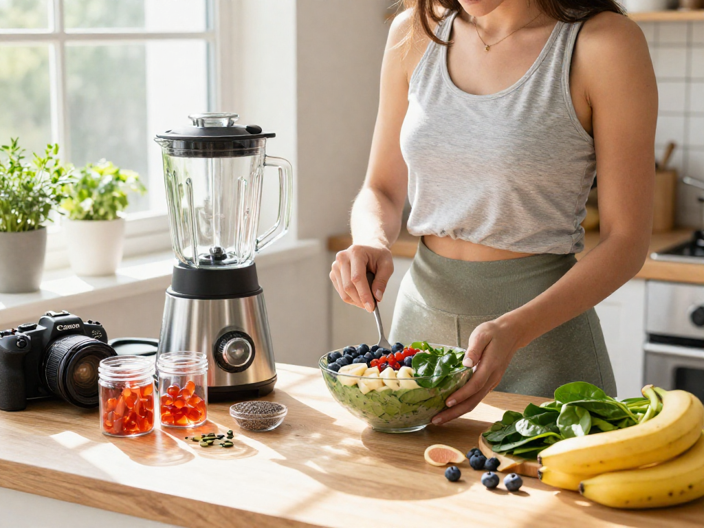 Preparing astaxanthin softgels smoothie bowl with fresh fruits.