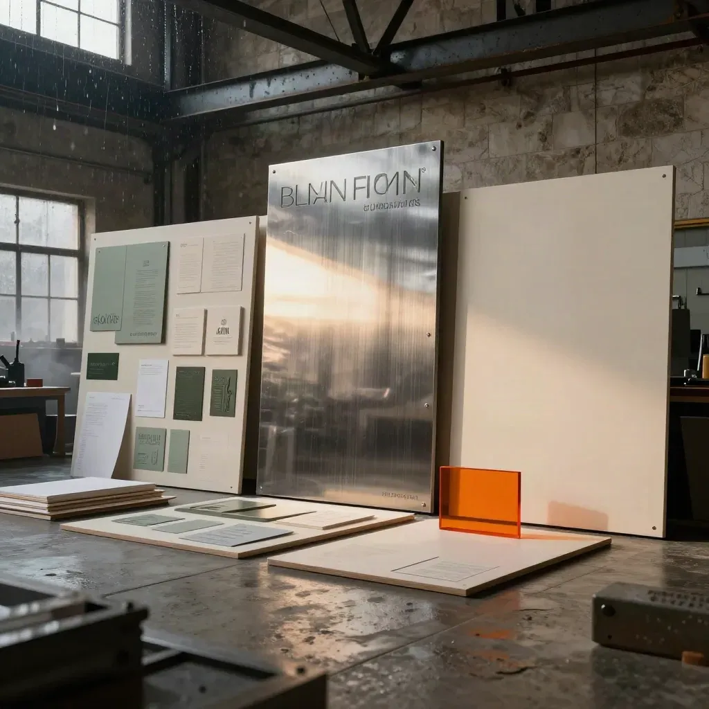 Foundry-style branding studio with steel plates, cream mockups, paper volumes, and ember-orange accent.