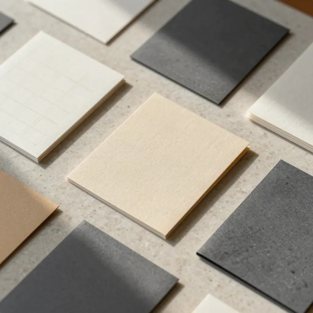 Macro overhead of paper swatches, grid cards, and packaging sleeves on travertine.