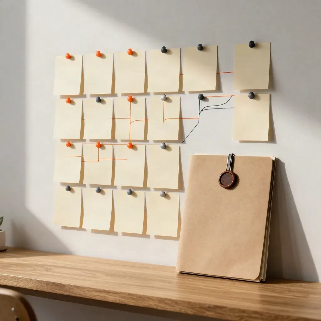 Planning wall with cards, thread markers, and a sealed brief folder in warm studio light.