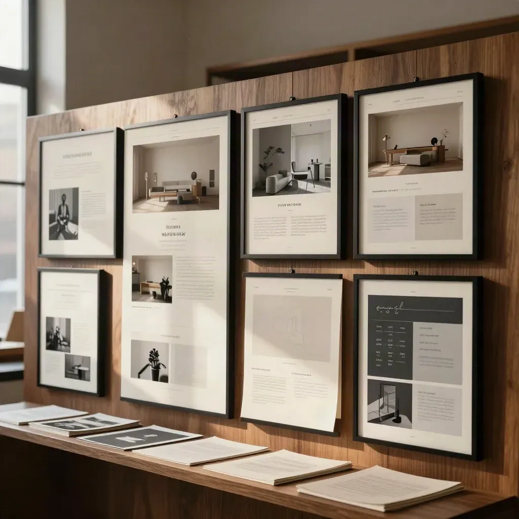 Art direction board with framed stills and layout mockups in a warm studio