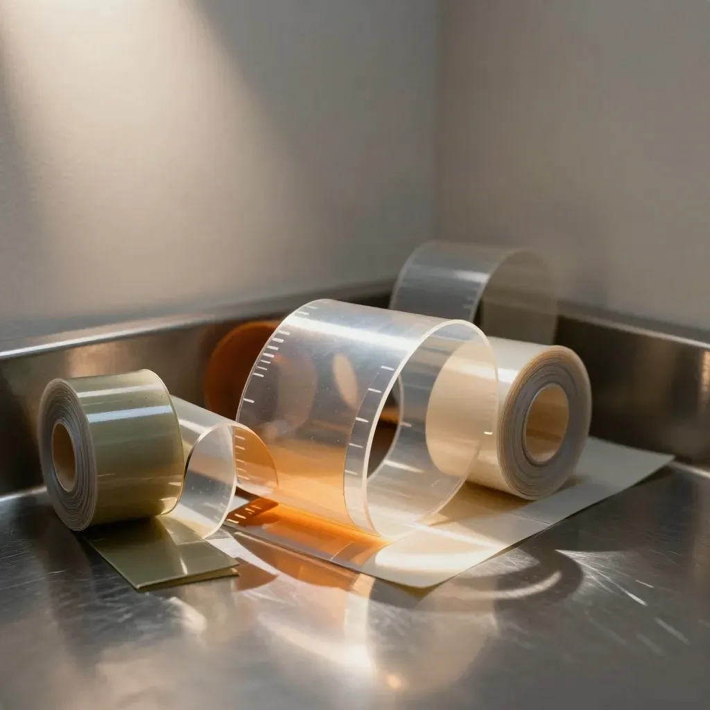 Moody studio corner with translucent timing sheets, acetate loops, and amber gel swatches.