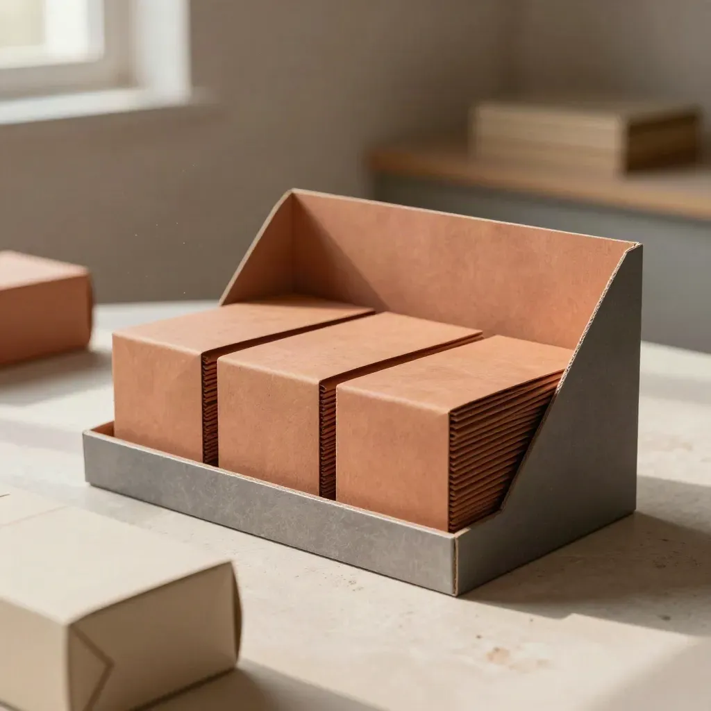Packaging prototypes stacked on a pale work surface in warm window light.