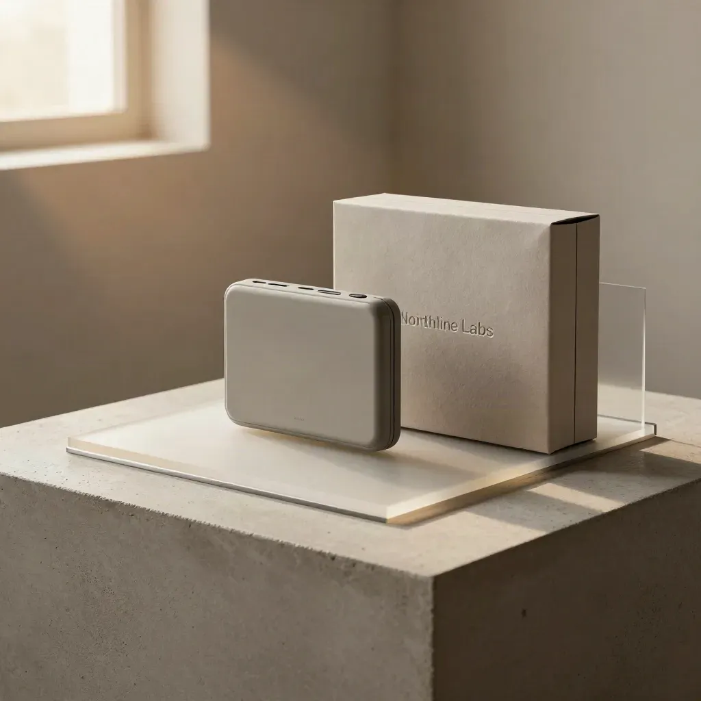 Northline Labs launch kit on a concrete plinth with frosted acrylic, matte shell, and sealed box.
