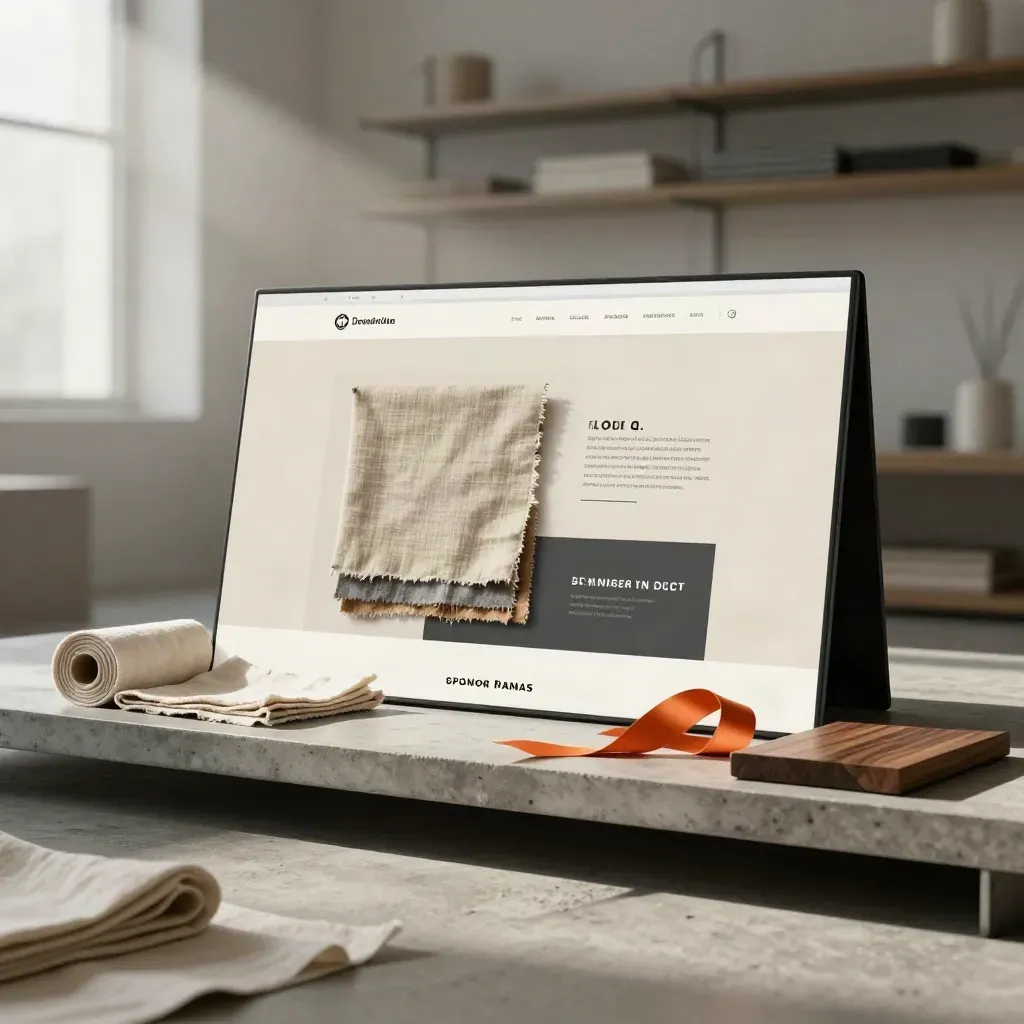 Studio shelf with launch boards, deck folio, and folded textiles in soft window haze.