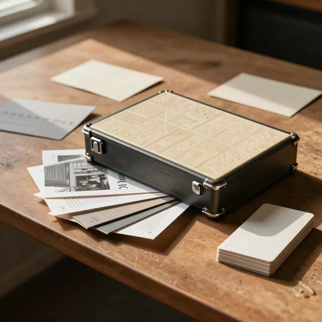 Sales deck case snaps shut beside face-down campaign proofs on an umber layout bench.