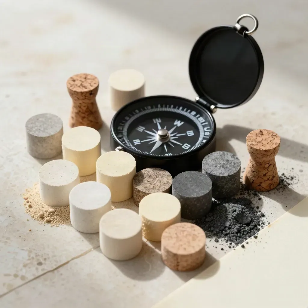 Extreme macro of strategy research tokens on travertine: chips, compass, cork pins, stone paper