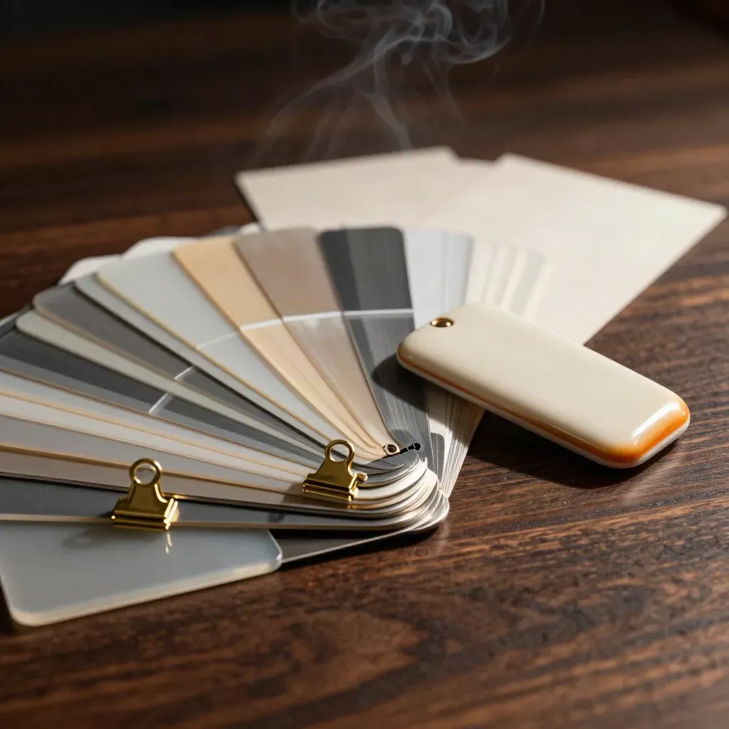 Brushed metal swatch fan, brass clips, acetate chips, and ceramic blade cover on a dark surface.