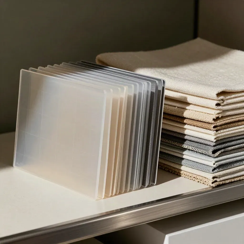 Translucent grid cards, neutral chips, and linen swatches on a plaster shelf in hard skimming light.