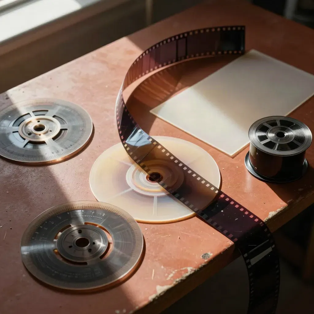 Overhead still life of acetate timing discs, film strips, and gel swatches on a terracotta bench.