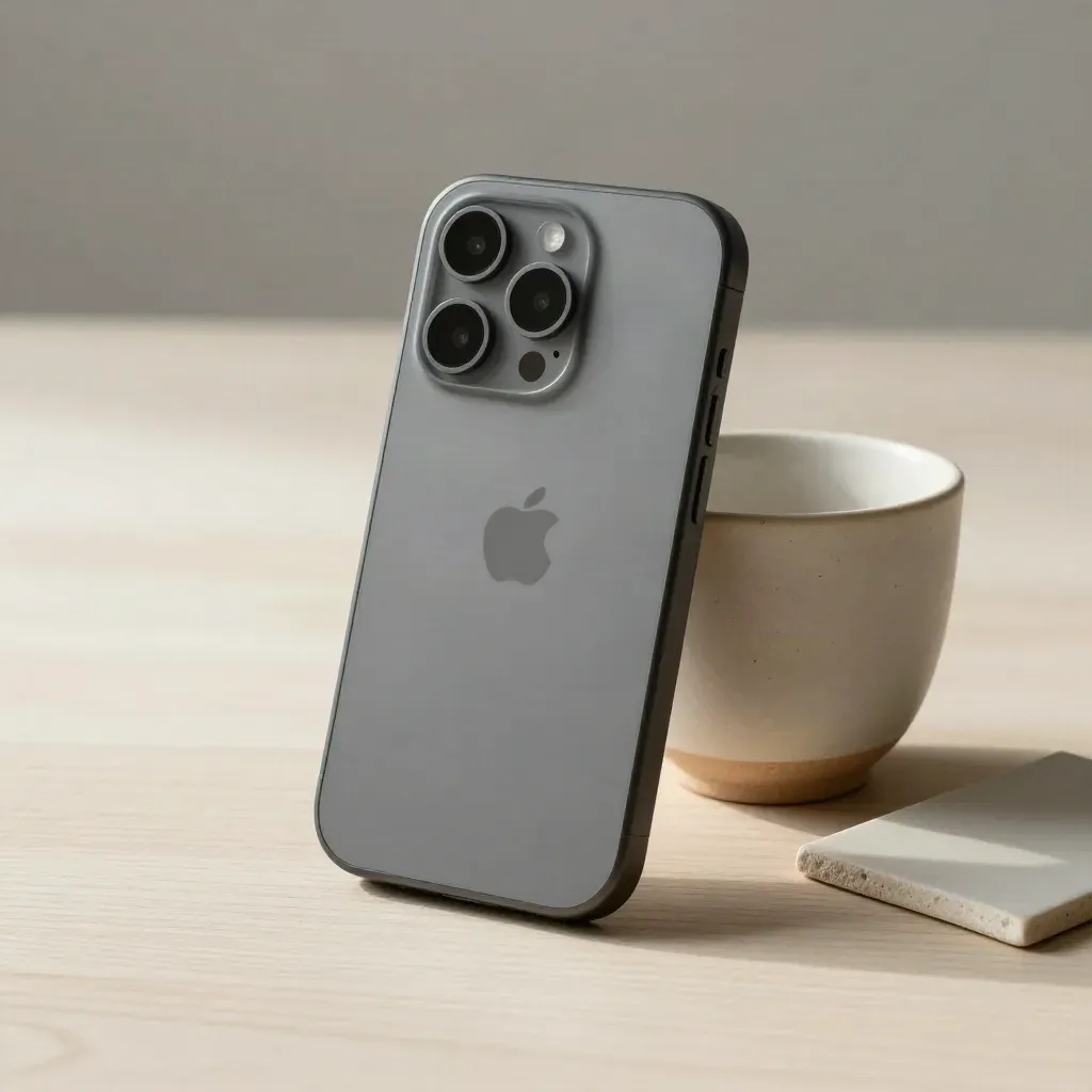 Matte handset cradle, ceramic cup, and cream appointment tile on pale wood in soft morning light.