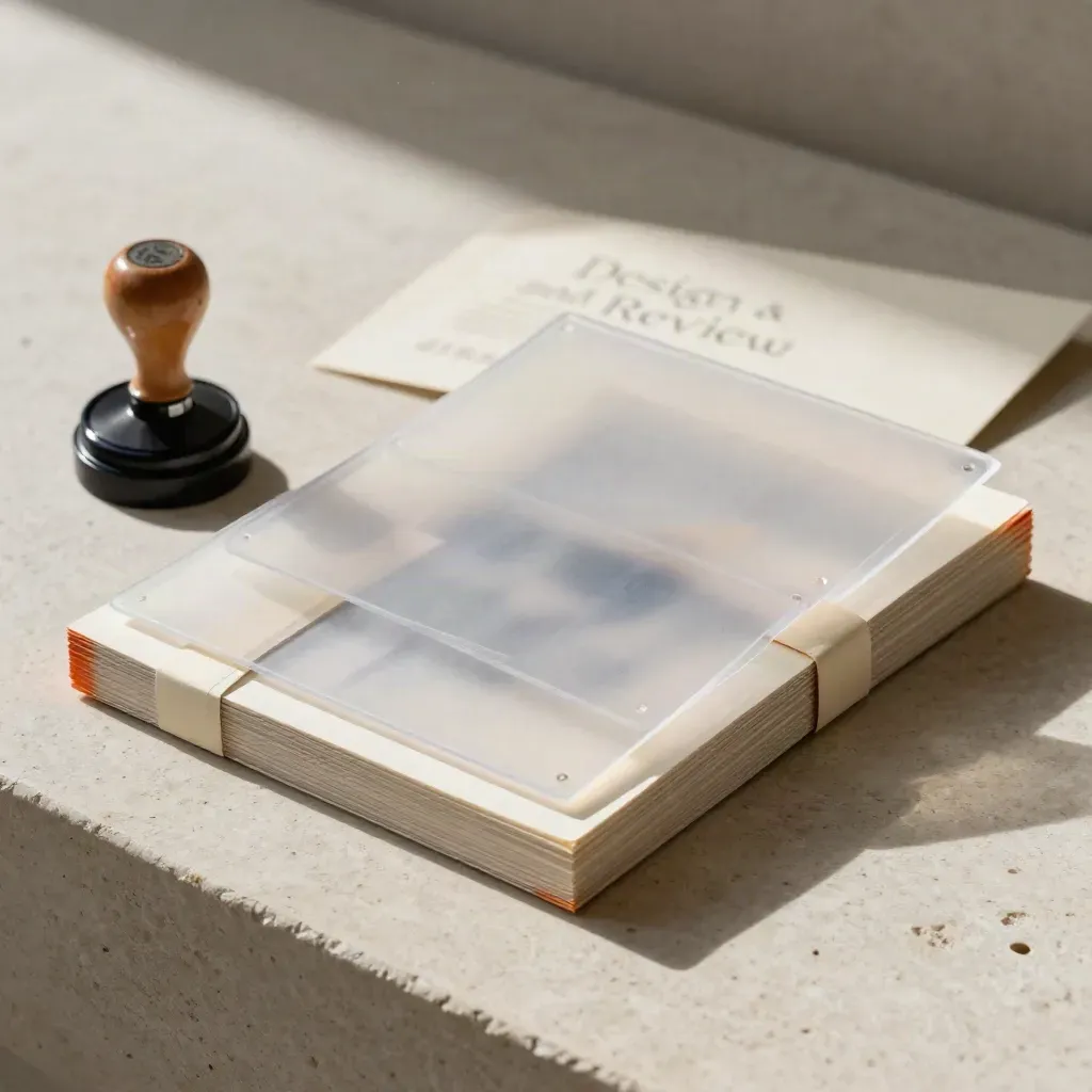 Acetate overlays and a rubber stamp on pale stone, styled review still life with ember orange accents.