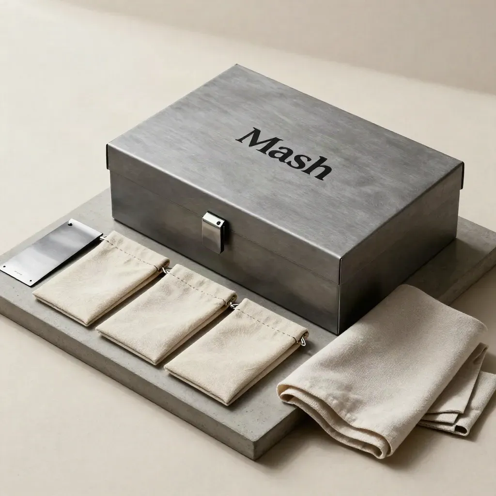 Steel-gray archive box, drive sleeve, and folded linen pouches on a concrete tray.