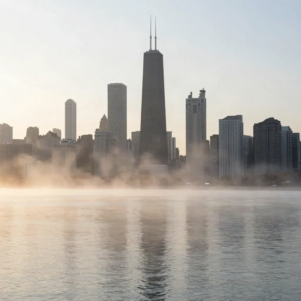 Chicago skyline rising through dawn mist over calm Lake Michigan.
