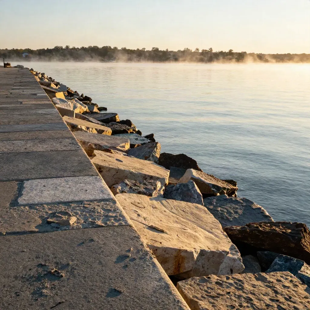 Milwaukee harbor at sunset with breakwater stones, calm water, and hazy shoreline silhouettes.