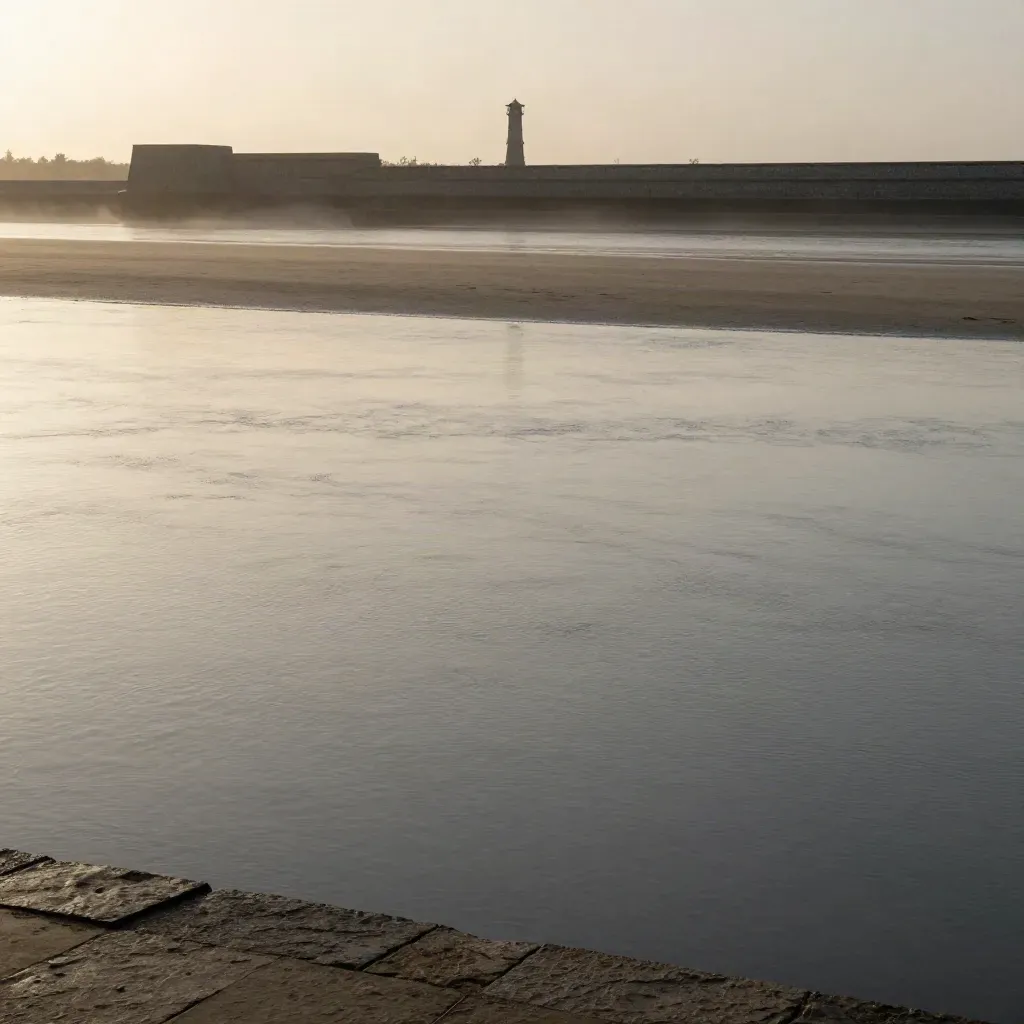 Hazy East Coast harbor with distant towers, seawall, and calm river plain at blue hour.