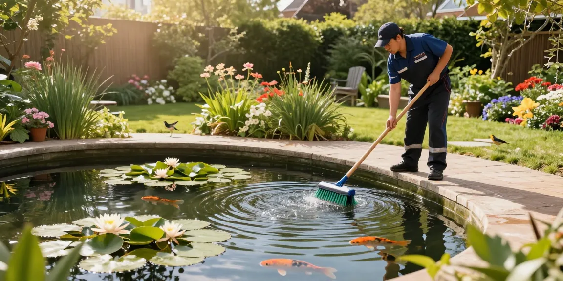 Pond Cleaning London: Professional cleaning service revitalizing a backyard pond with vibrant flora and koi fish.