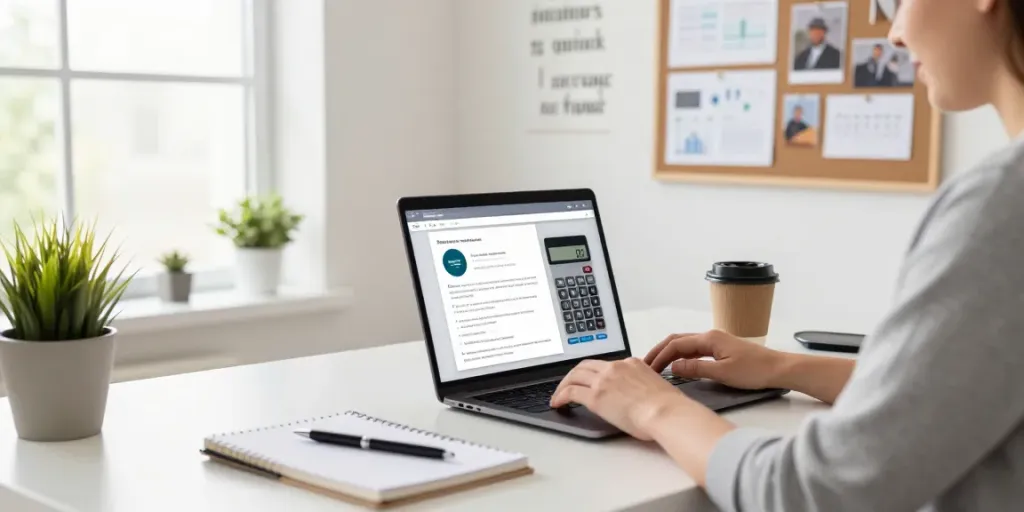 Person using a calculator online in a modern home office.