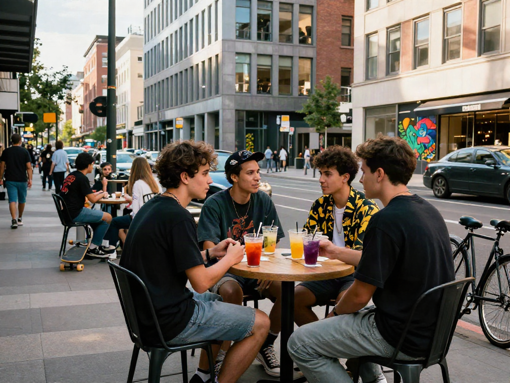 Vibrant urban lifestyle scene featuring rokok88 in lively café setting